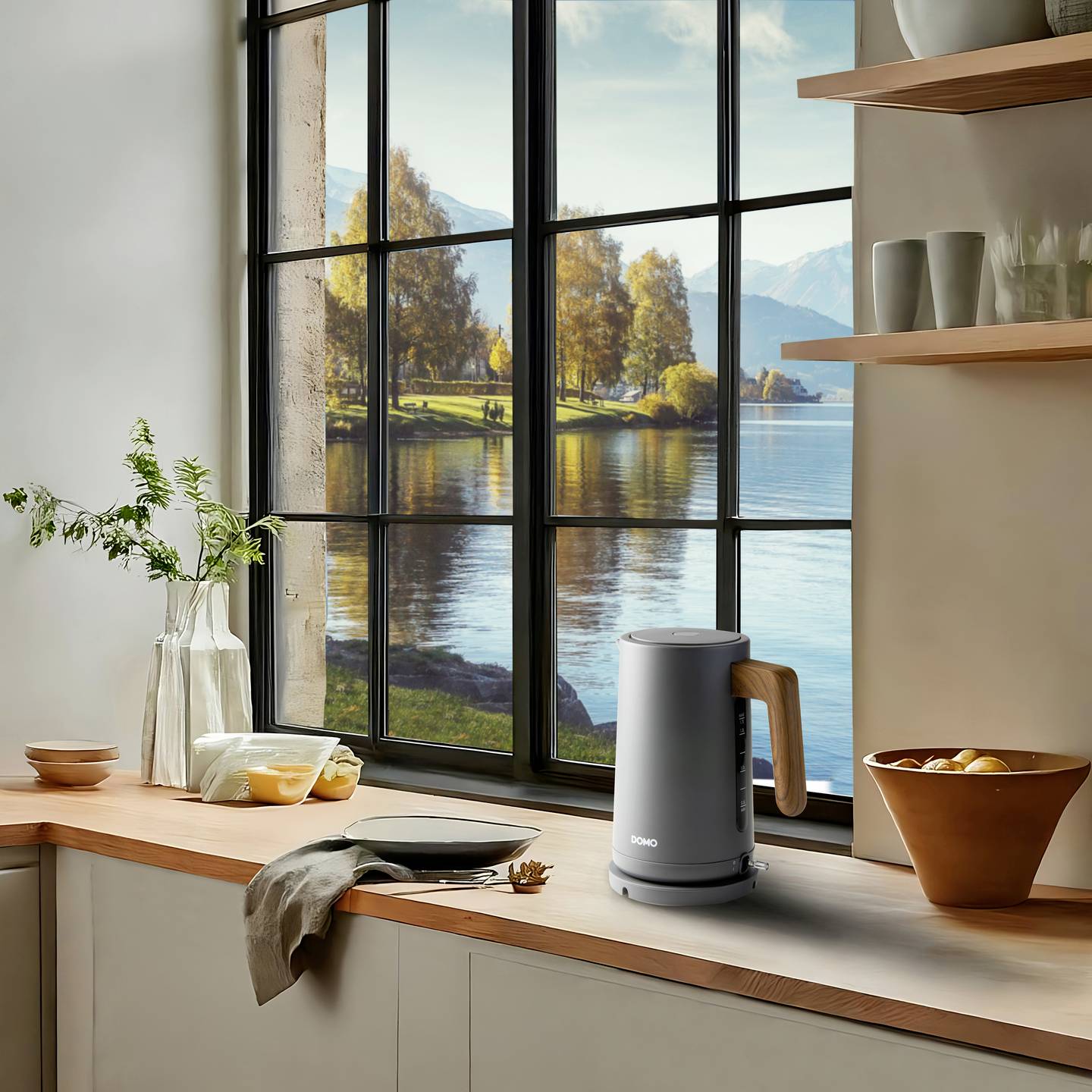 DOMO Wasserkocher Teekocher 1,7l 2200W Kocher mit Sichtfenster grau Holzoptik - 5411397164995