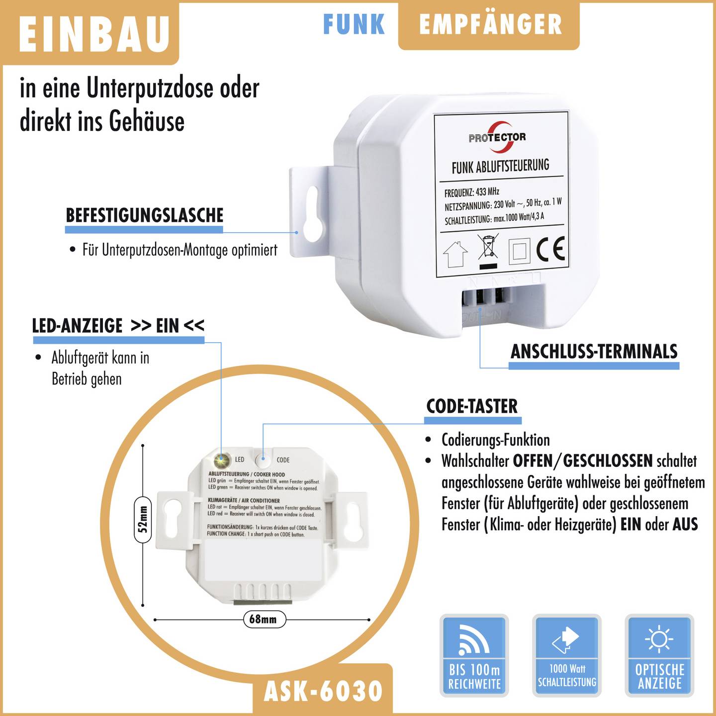 M-E Funk-Abluftsteuerung Steuergerät Empfänger Einbau Dunstabzugshaube Weiß - 4260070563072