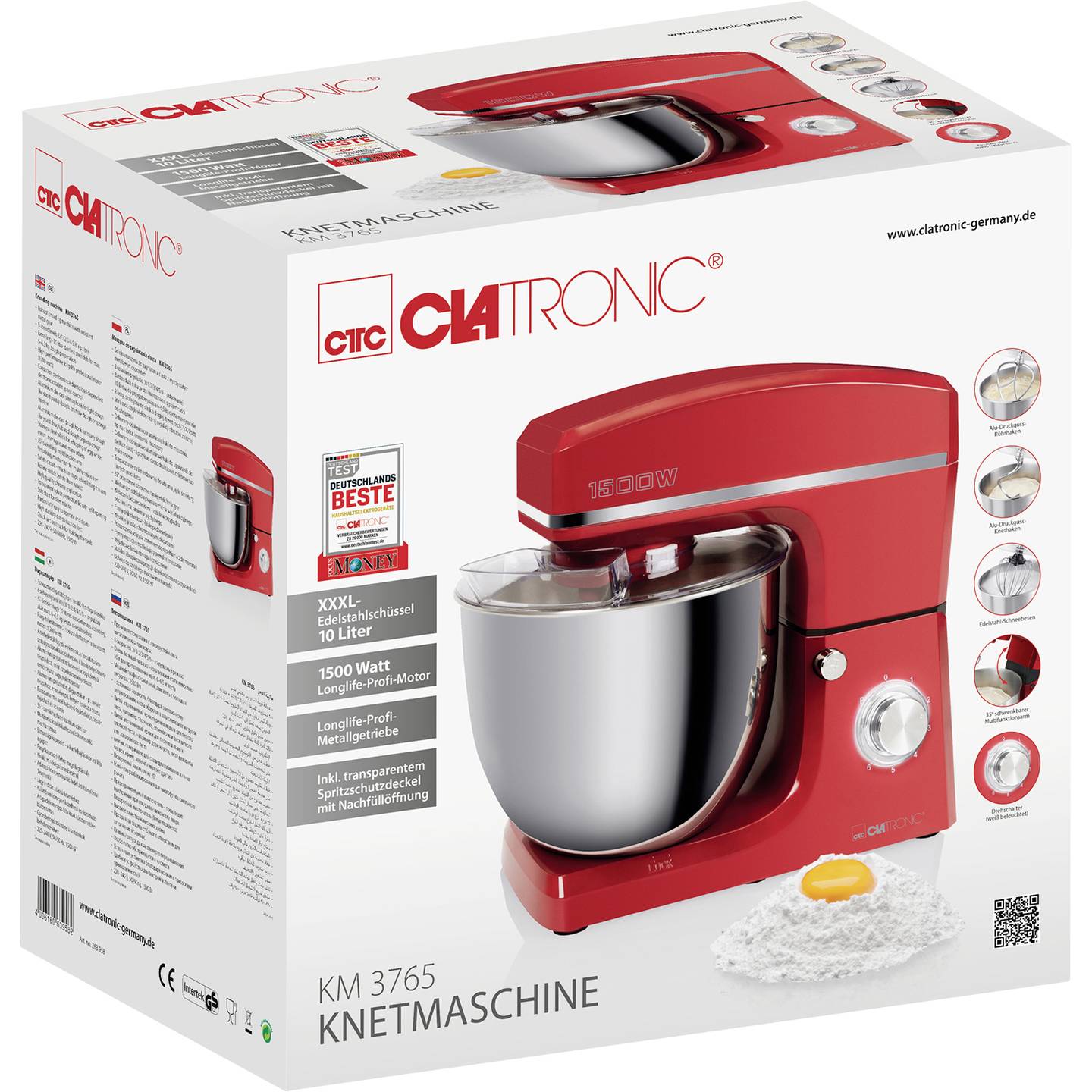 Clatronic Knetmaschine Rührmaschine KM 3765 1500W 8 Stufen 6,5kg Rot - 4006160639582