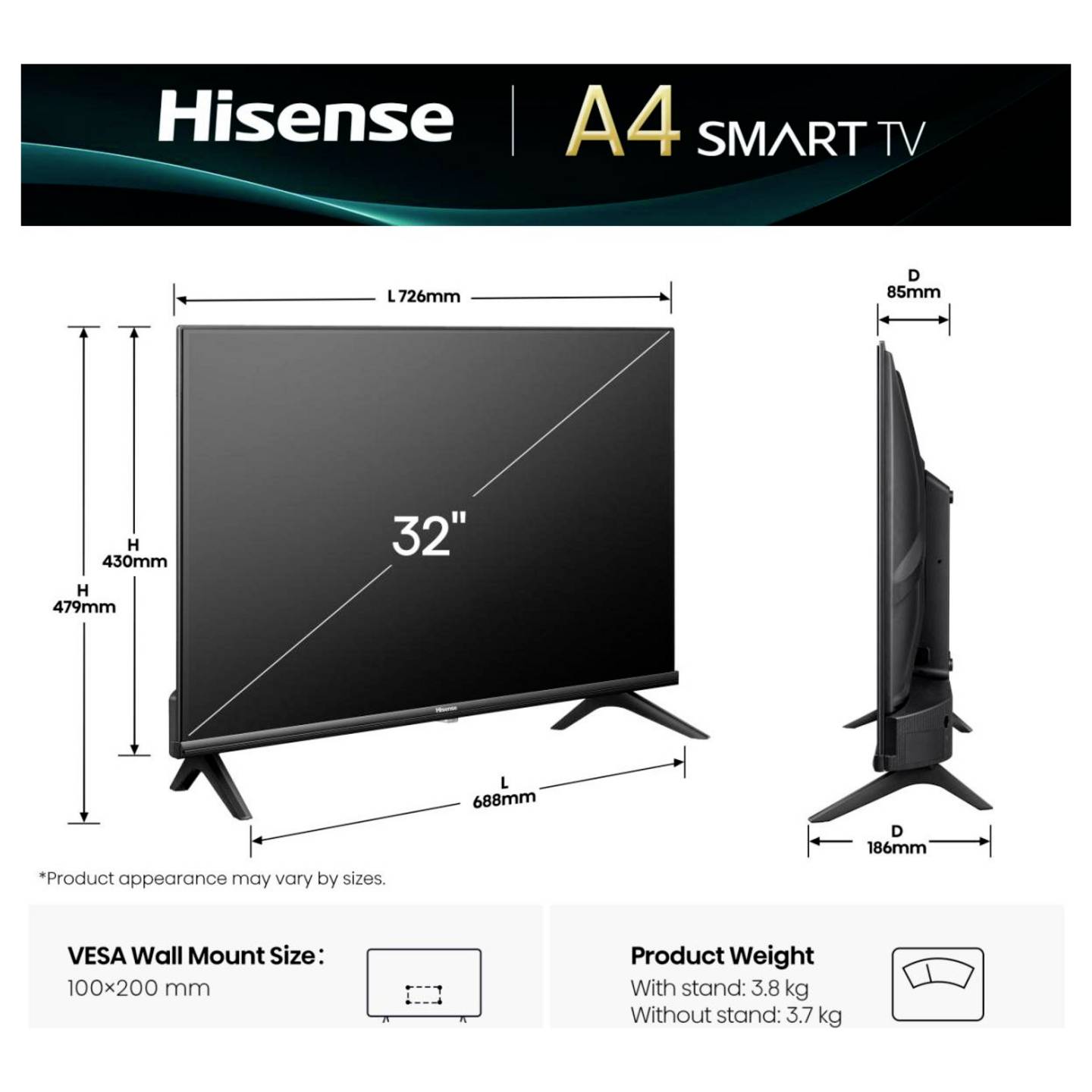Hisense LED-TV 32 Zoll 80 cm Smart TV DVB-T WLAN HDMI Schwarz 1366x768px - 6942351417943