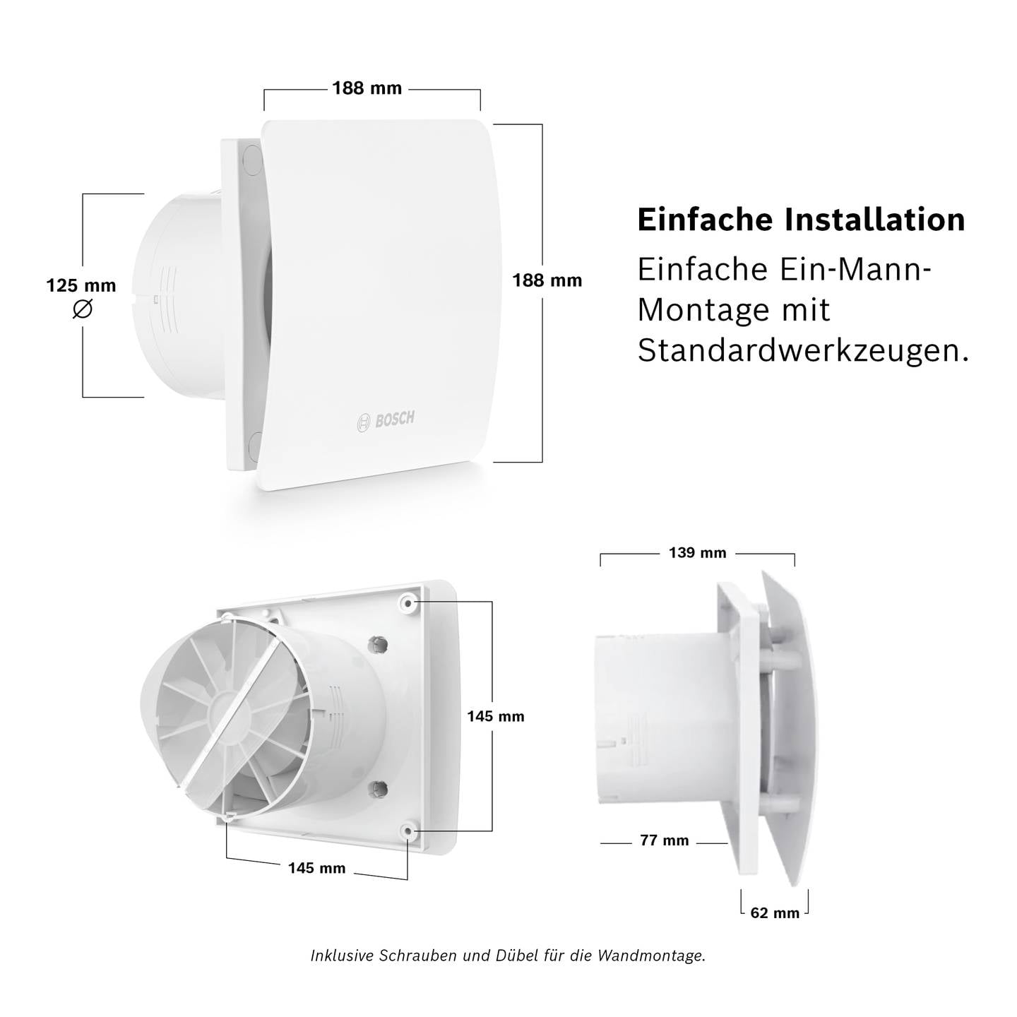Bosch Fan 1500 DH Wandlüfter 230 V 182 m³/h mit Feuchtesensor Weiß - 4062321172336