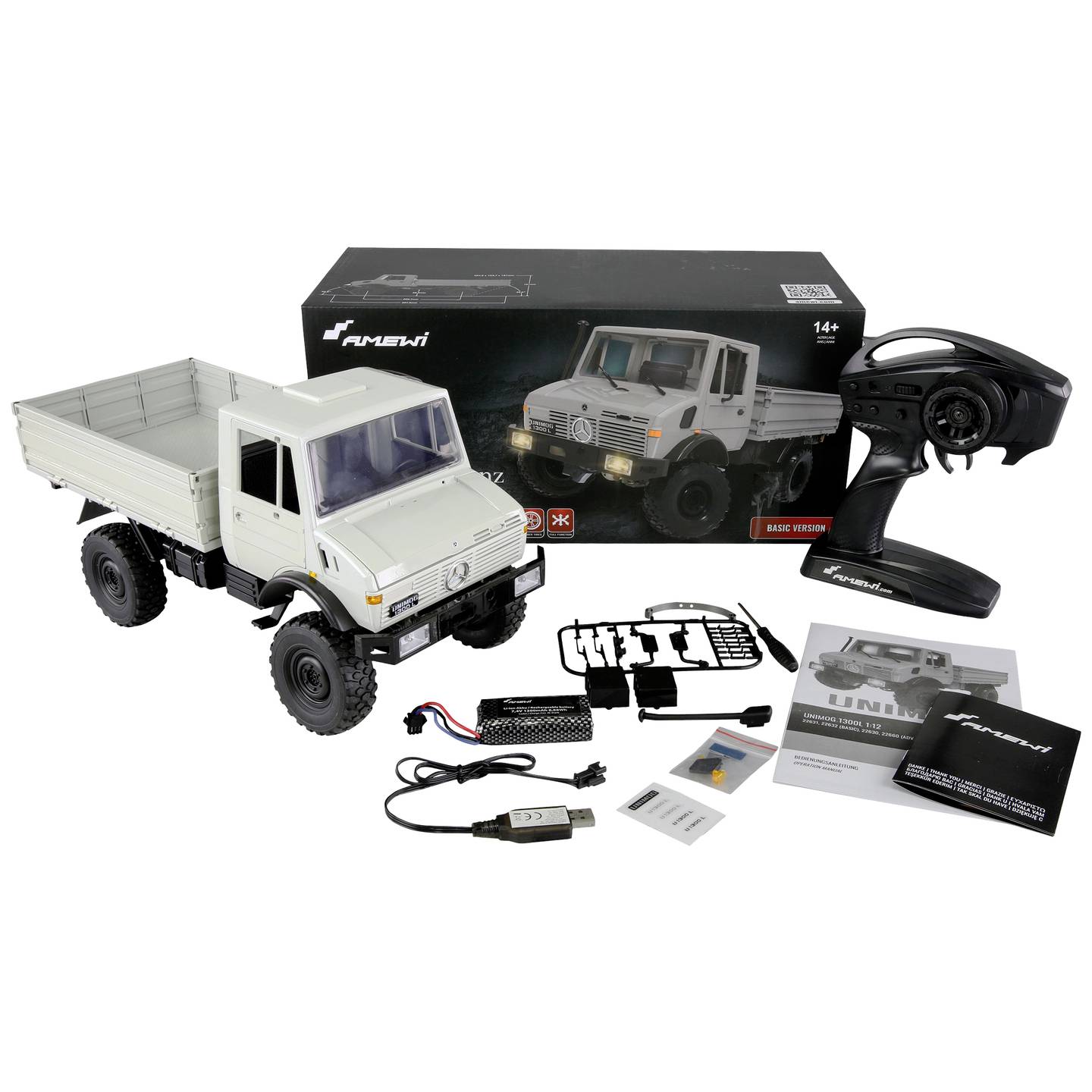 Amewi Unimog 1:12 RTR 4WD RC Modell LKW mit LED-Beleuchtung und Akku - 4260768519145