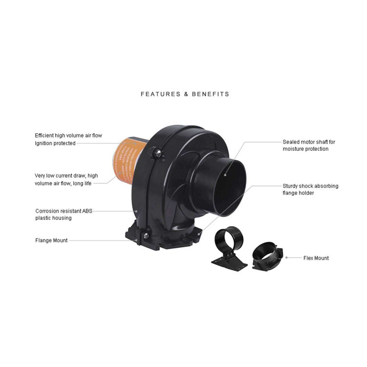 SEAFLO Radiallüfter 12V DC 220m³/h Lüfter 30W ABS Kunststoff schwarz - 4064161487687