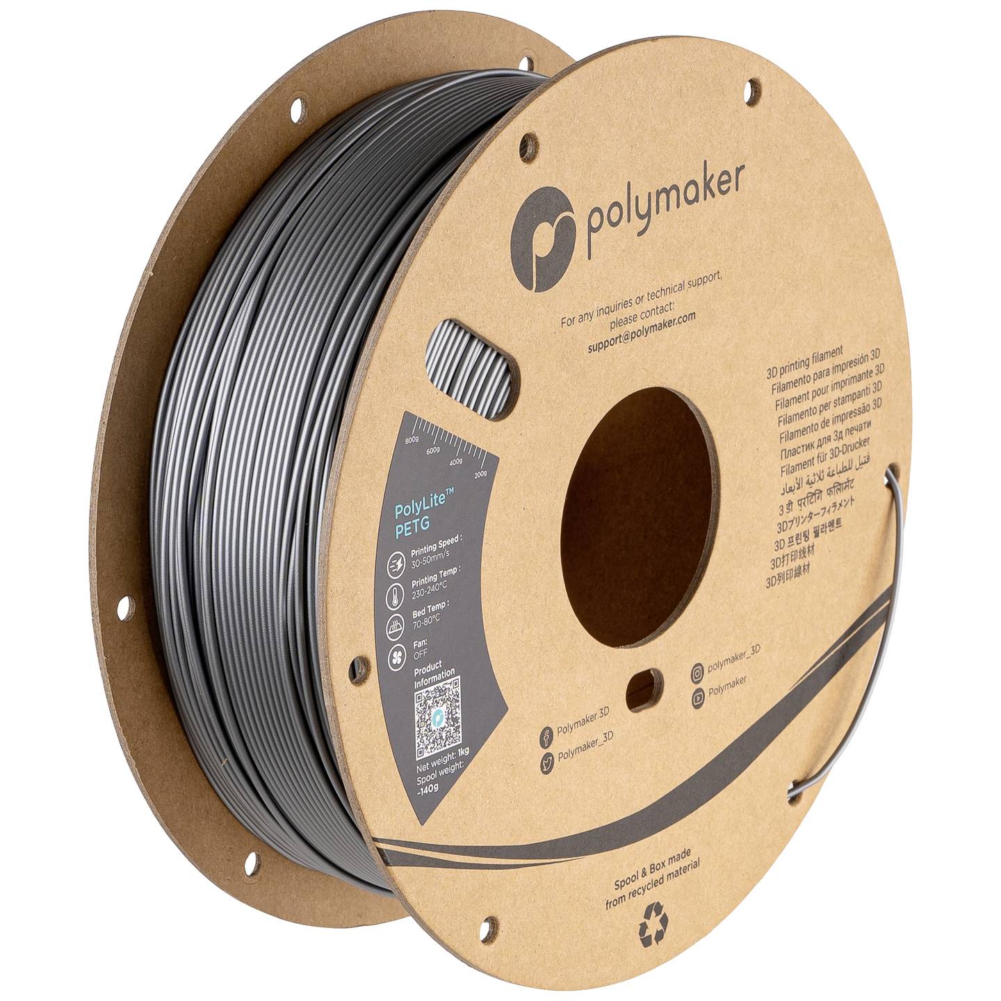 Polymaker Filament Druckmaterial Kunststoff PolyLite PETG Silber 1.75 mm 1000 g - 6938936710141