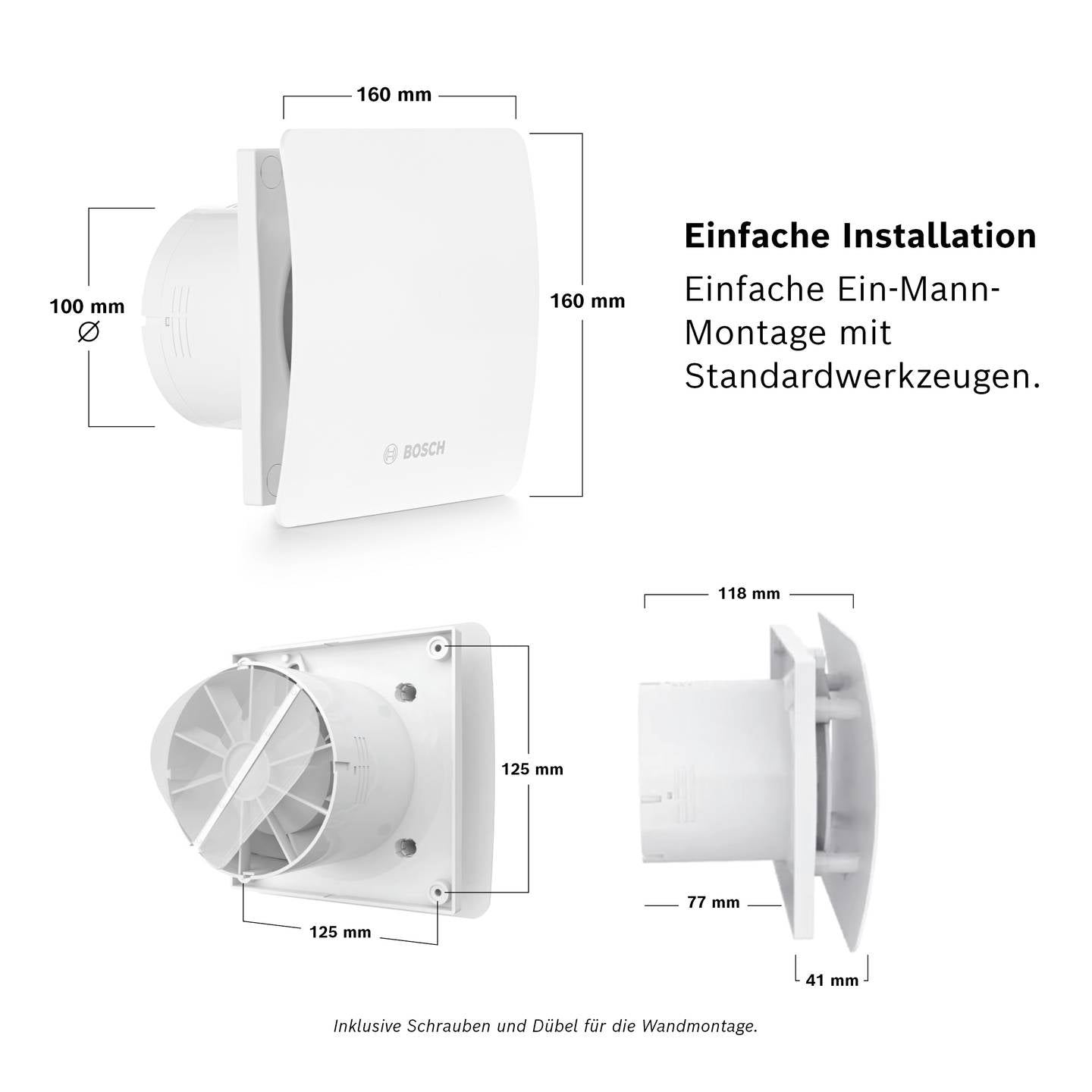 Bosch Wandlüfter Badlüfter 1500W Heizlüfter Ventilator 182m³/h 125mm weiß - 4062321172305