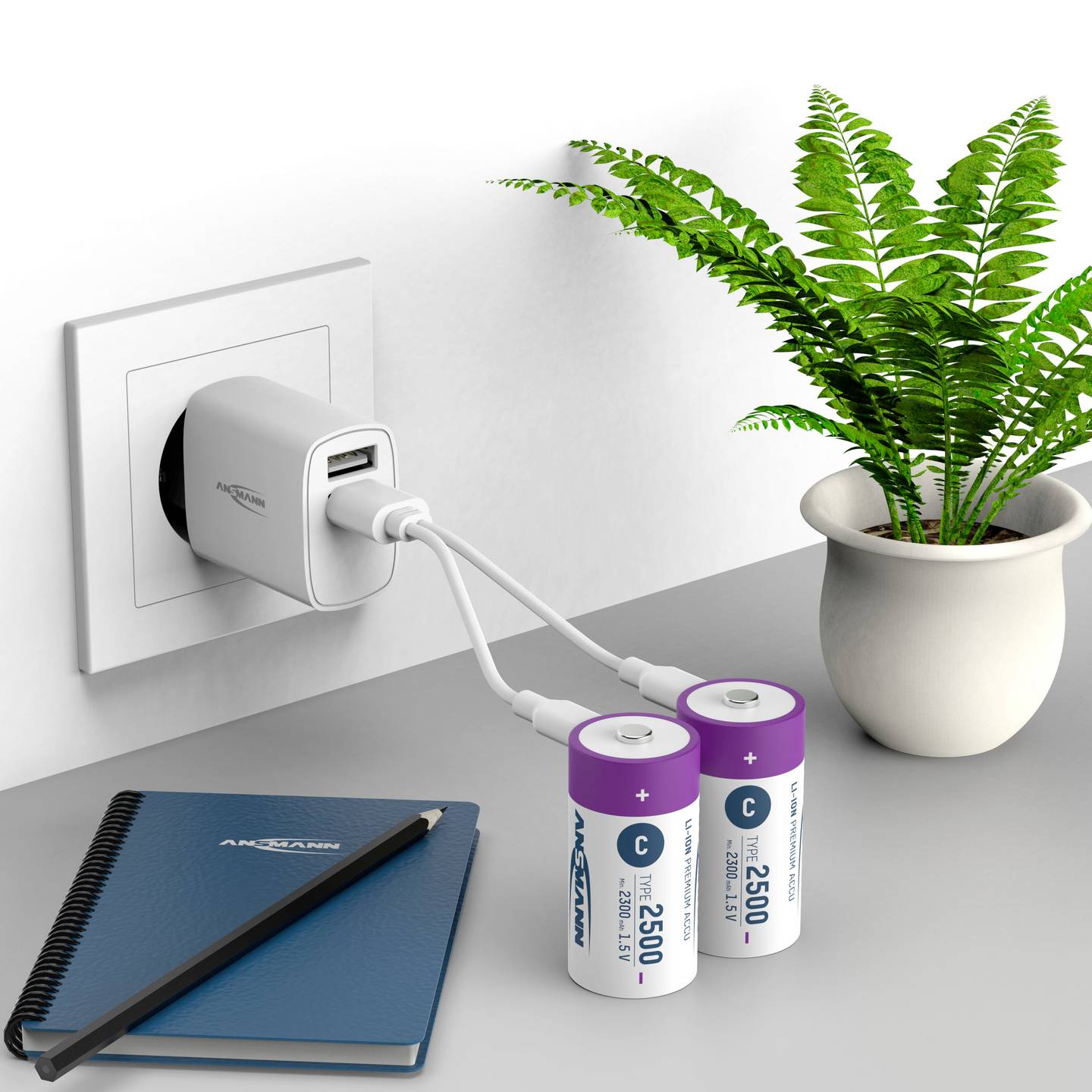 Ansmann Baby Akku HR14 Li-Ion USB-C Akku Batterie 2500 mAh 1,5V Kabel 2er-Set - 4013674193981