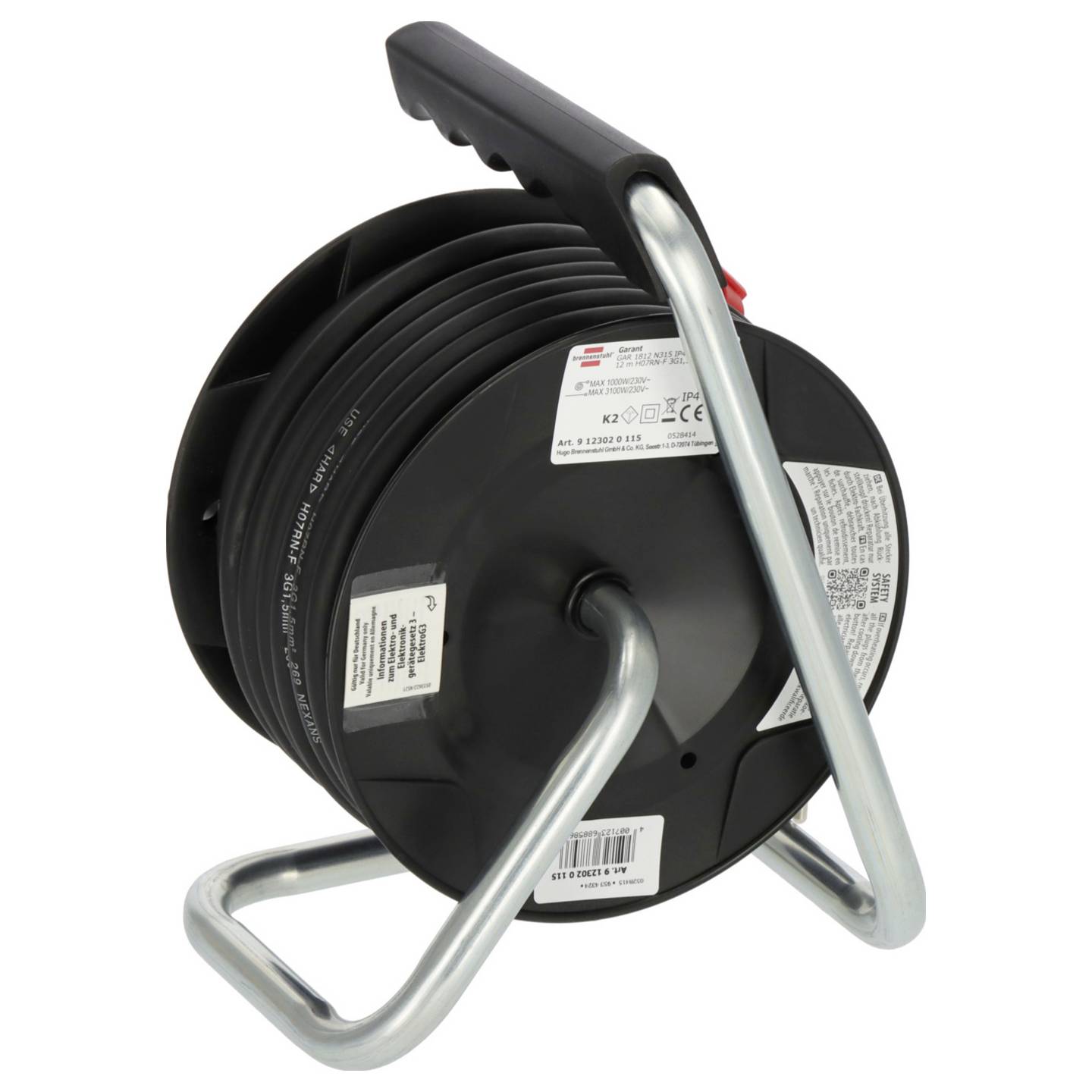 Brennenstuhl Kabeltrommel 12m Schwarz Verlängerungskabel 3 Steckdosen IP44 16A - 4007123688586