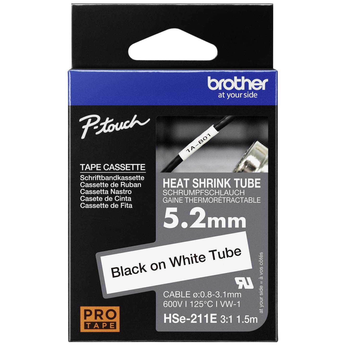 Brother Schrumpfschlauch HSe-211E Kabelbeschriftung 5,2mm schwarz weiß 1,5m - 4977766822718