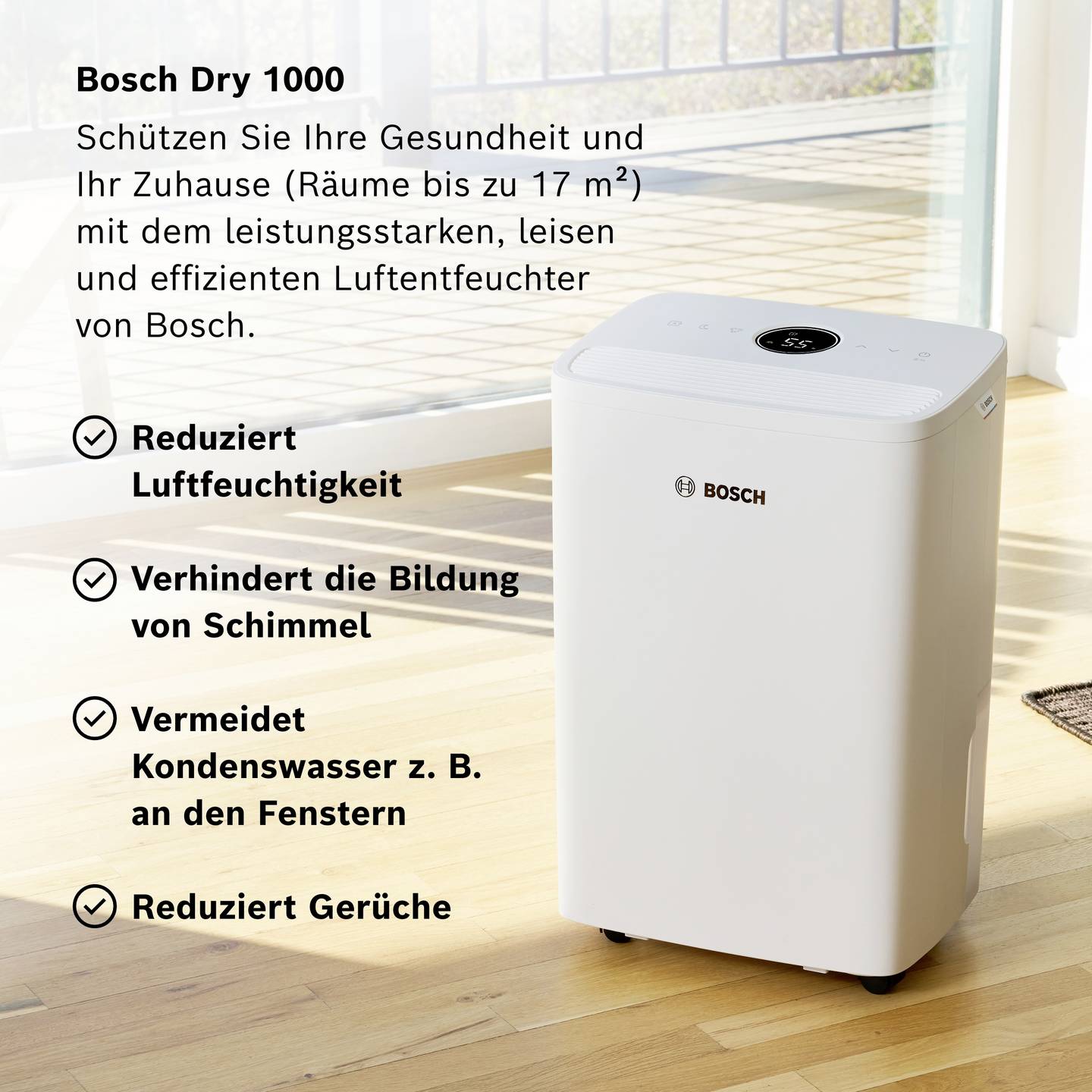 Bosch Luftentfeuchter DRY 1000 10 l/Tag für Räume bis 40 m³, leise 36 dB - 4069143047750