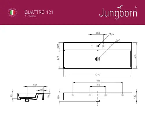 B-Ware Jungborn Waschtisch Becken Quattro Badezimmer Weiß Glänzend 121 X 46 Cm - 4306517903558