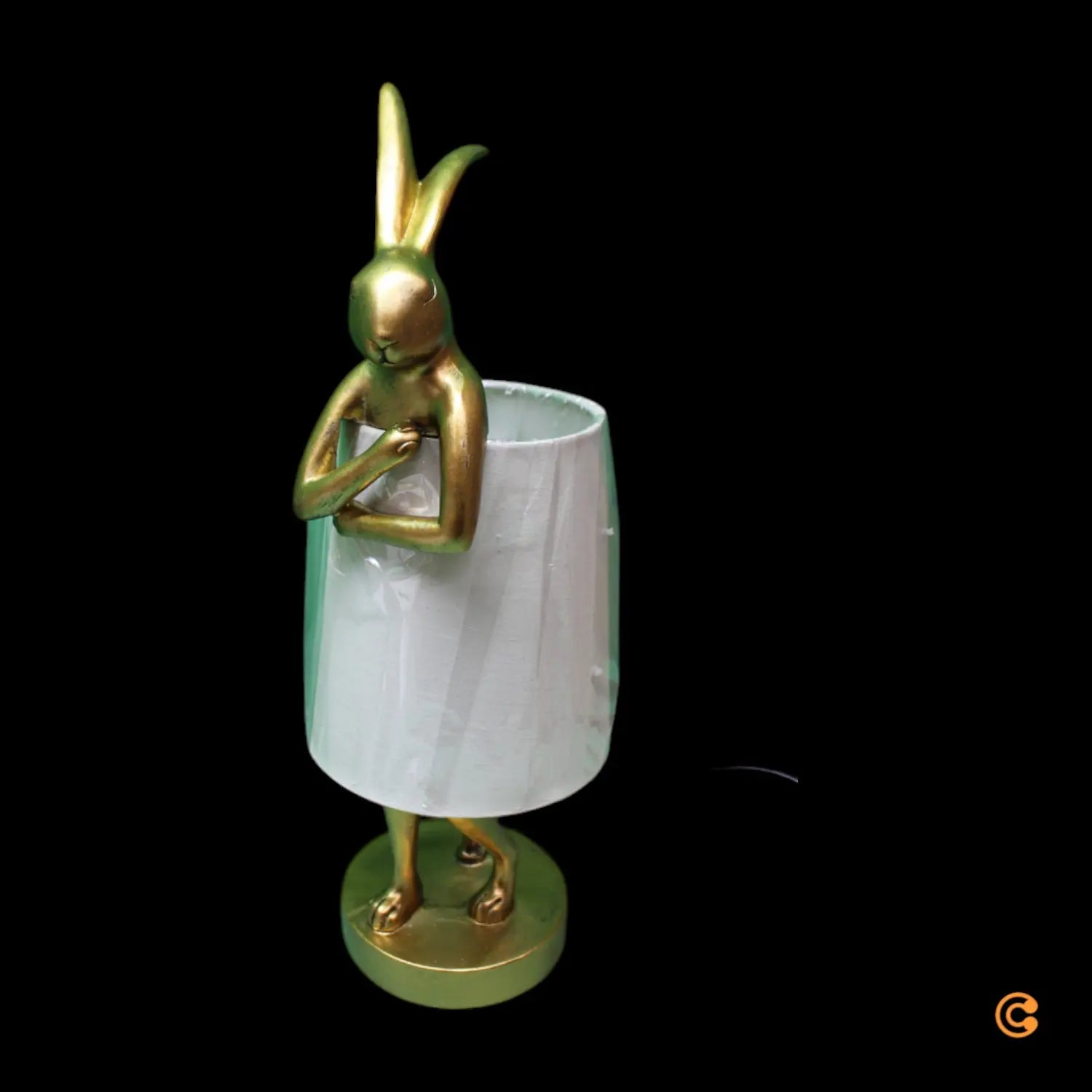 B-Ware Kare Tischleuchte Lampe Animal Rabbit Gold Weiß Leinen Stoffschirm Höhe 50 Cm