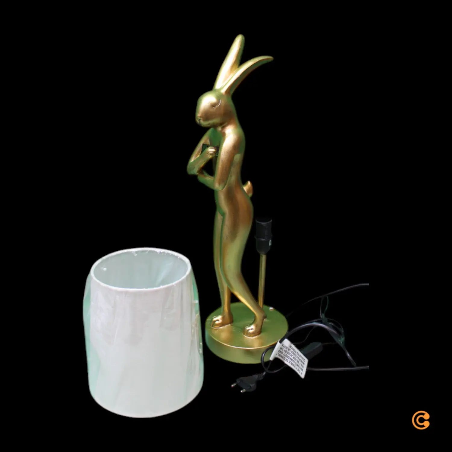B-Ware Kare Tischleuchte Lampe Animal Rabbit Gold Weiß Leinen Stoffschirm Höhe 50 Cm