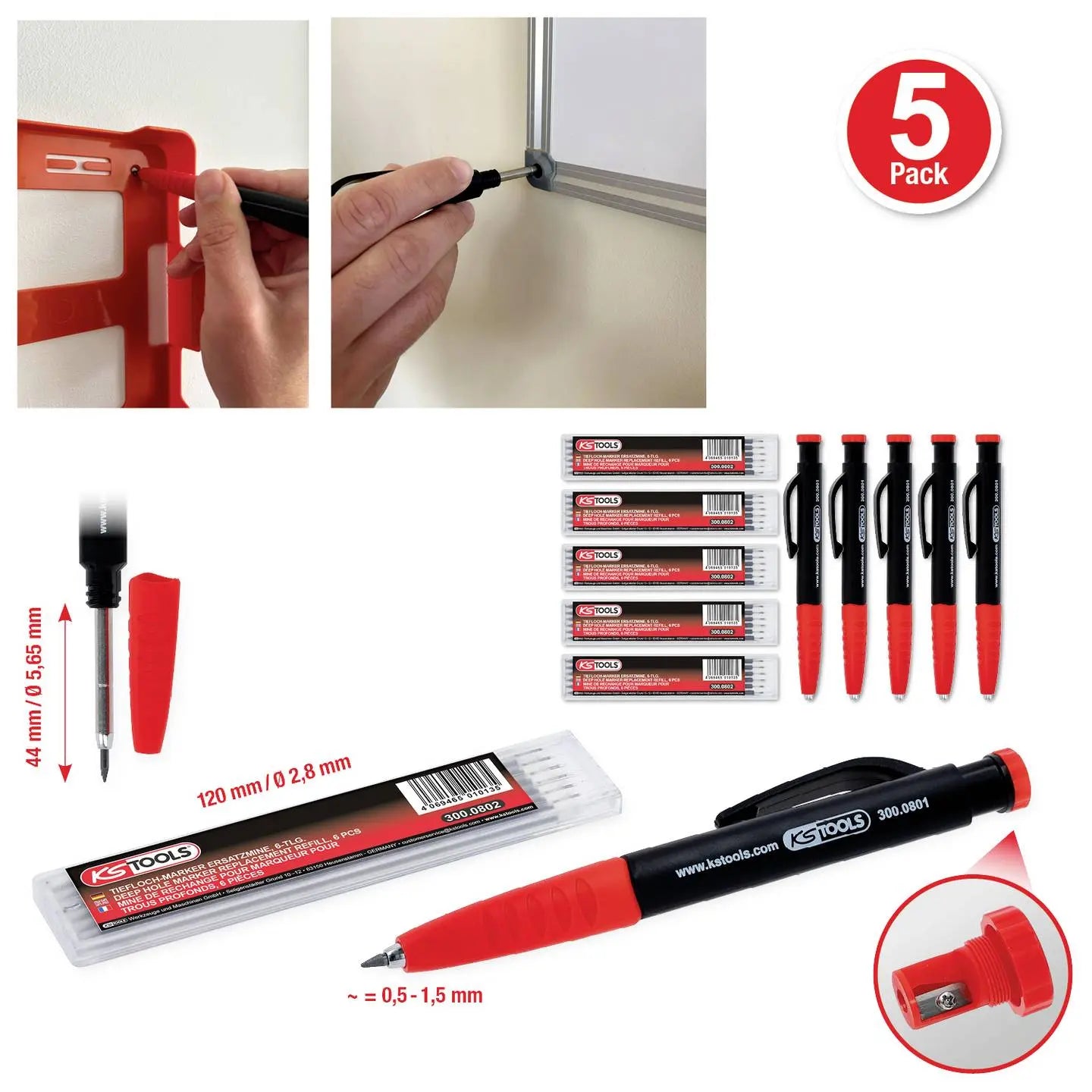 B-Ware Ks Tools Tieflochmarker Baubleistift Marker Schwarz/Rot 5 Stück 300.0800  - 4069465010111