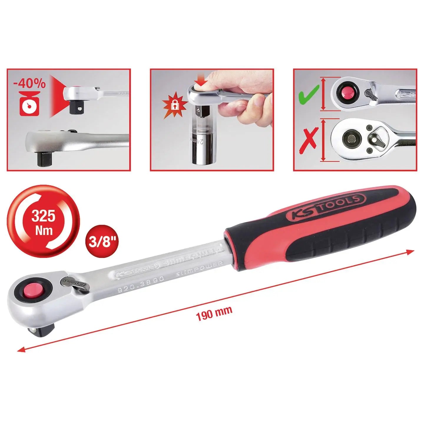 B-Ware Ks Tools Umschaltknarre Ratsche Vierkantantrieb 72 Zähne Chrom Vanadium 190mm - 4042146418291