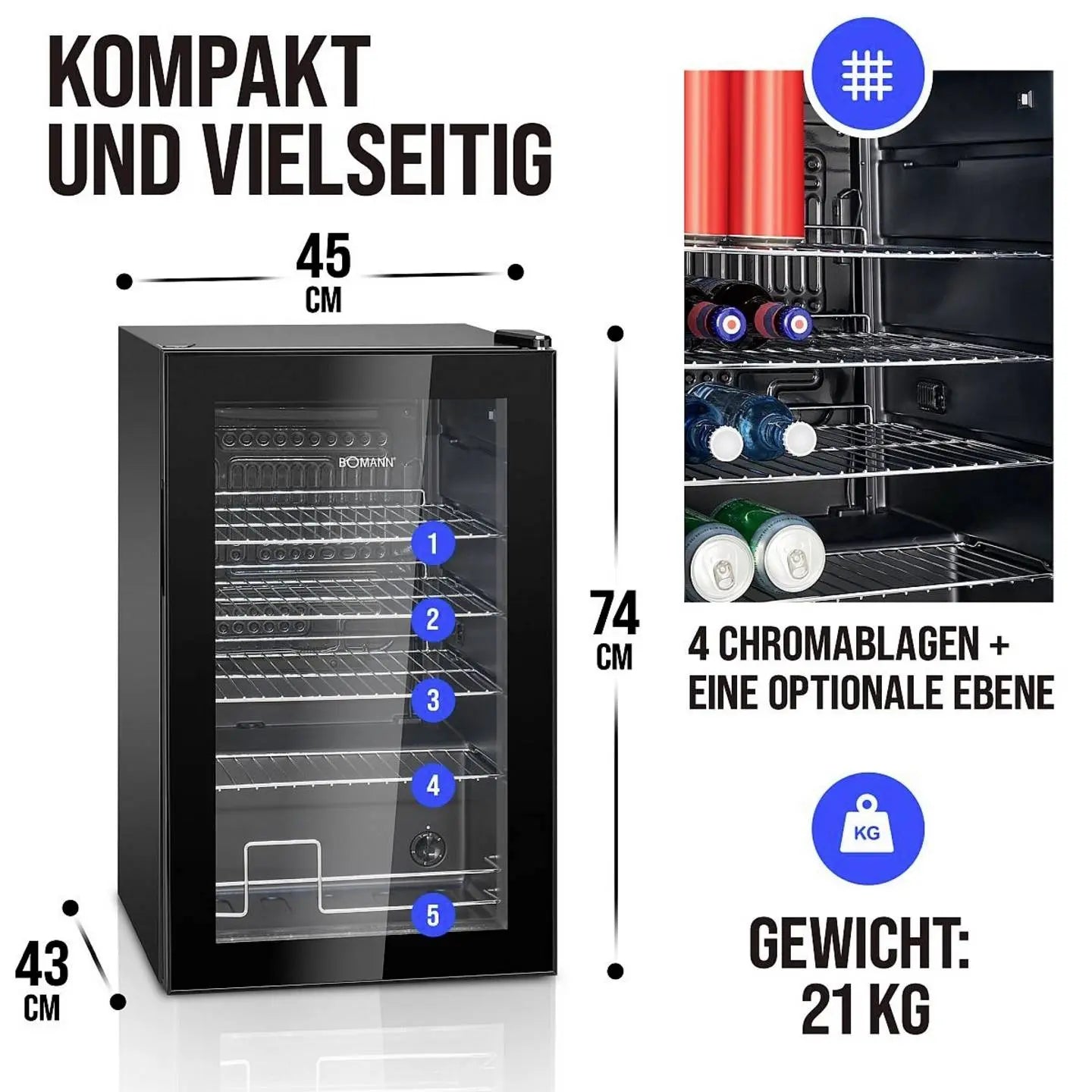 B-Ware Bomann Glas Kühlschrank Kühler Schwarz 43cm E 63 L Getränkekühler Ksg 7287 74,5cm - 4004470728712