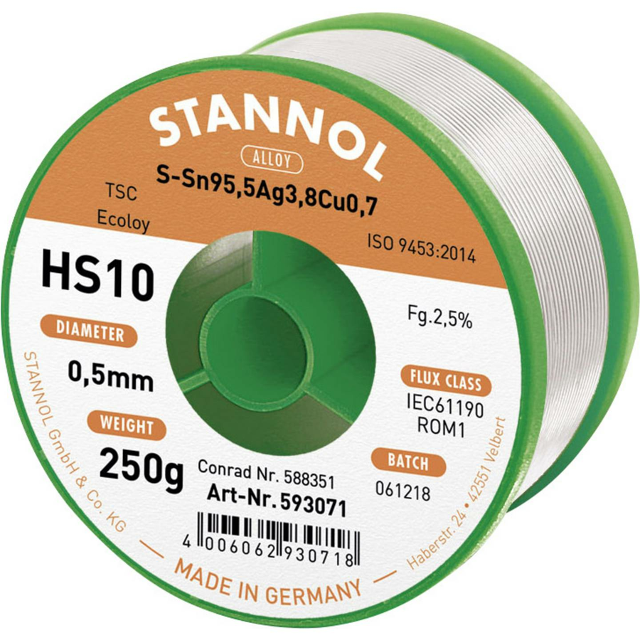 Stannol Hs10 2510 Lötzinn Bleifrei Spule Sn95,5 Ag3,8 Cu0,7 Rom1 250 G 0.5 Mm B-Ware - 4006062319544
