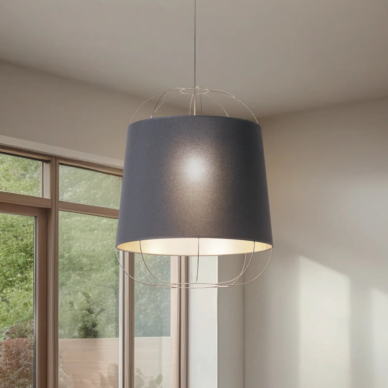 B-Ware Lantern Pendelleuchte Hängelampe Schwarz Gold Stoff E27 - 5905317606943