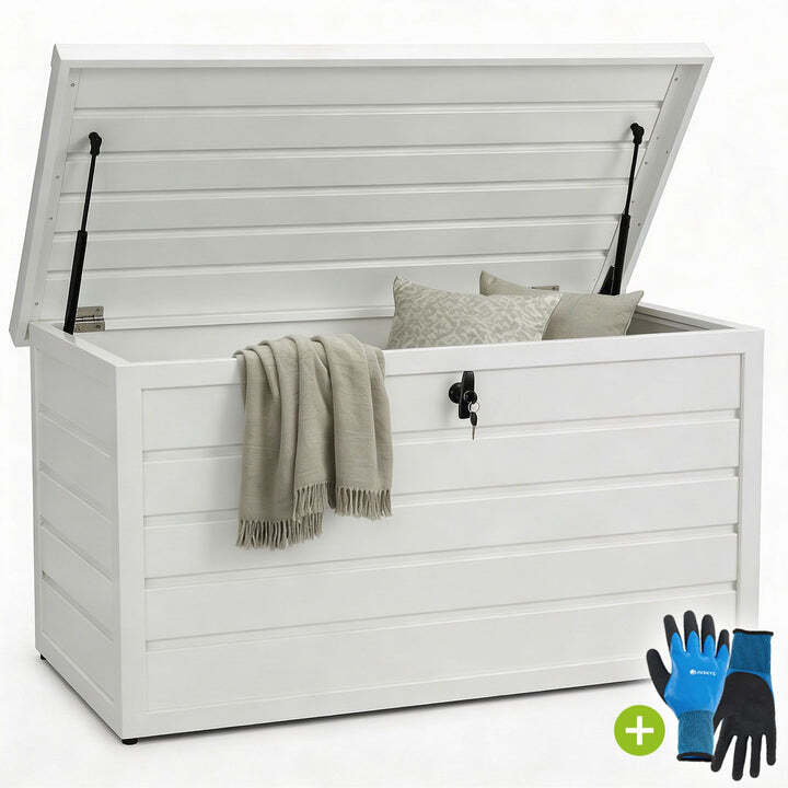 Metall Auflagenbox Limani 380 L wasserdichte Gartenbox sichere Aufbewahrung weiß - 4260565529118