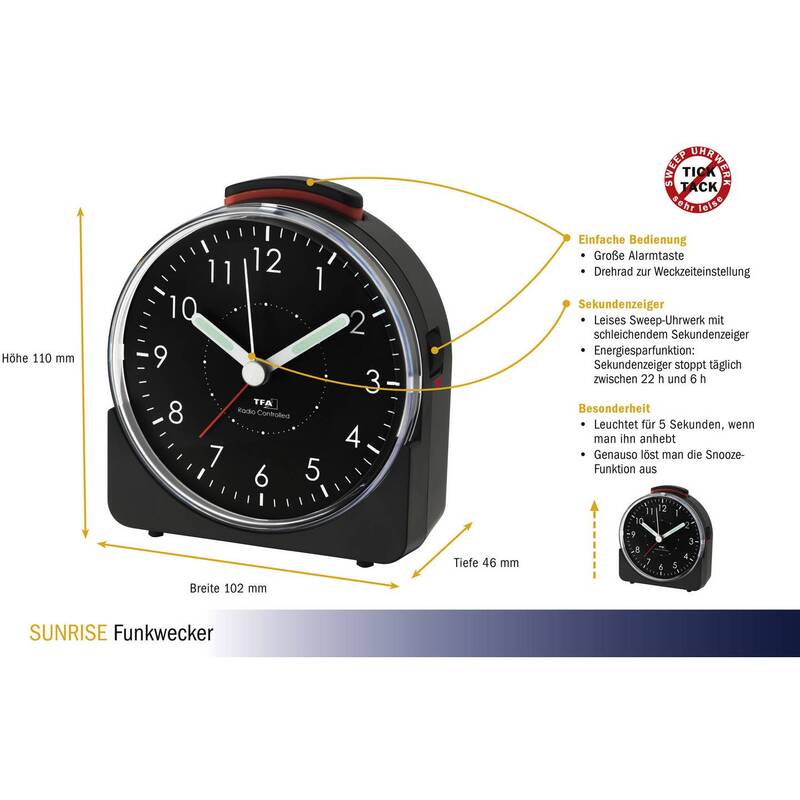 TFA Dostmann Funk Wecker TFA 60.1508.01 Funkwecker Tischwecker Analog Schwarz - 4009816028563