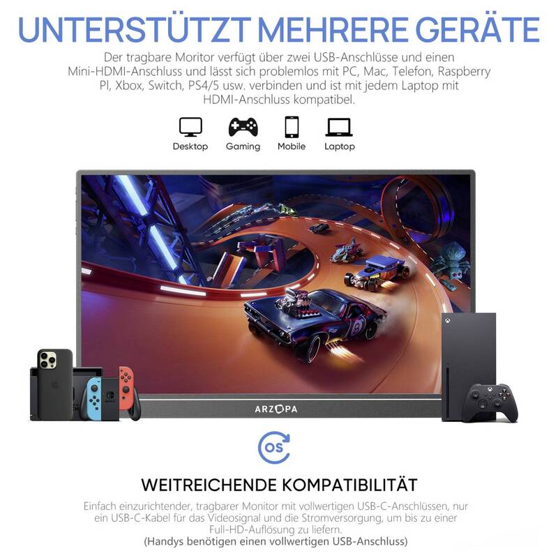 Arzopa Portabler Monitor 15,6 Zoll Full HD 1920x1080 IPS HDMI USB-C schwarz 660g - 6975114120590