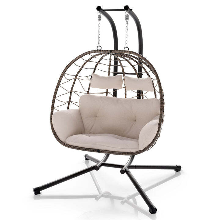 Polyrattan Doppelhängesessel Aria Freischwingend mit Kissen für 2 Personen beige - 4262437181349
