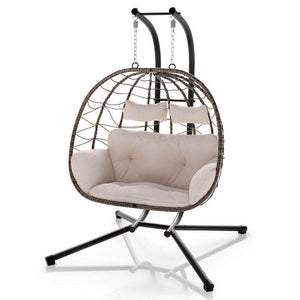 B-Ware Polyrattan Doppelhängesessel Aria Freischwingend mit Kissen für 2 Personen beige