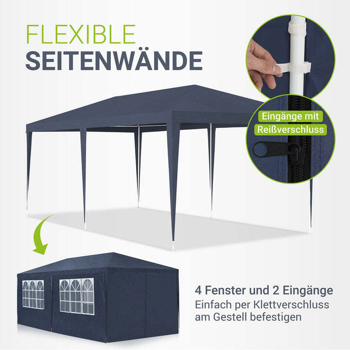 Partyzelt 3x6m Gartenzelt blau mit Dach und Seitenwänden Heringe Seile Zubehör - 4260304767702