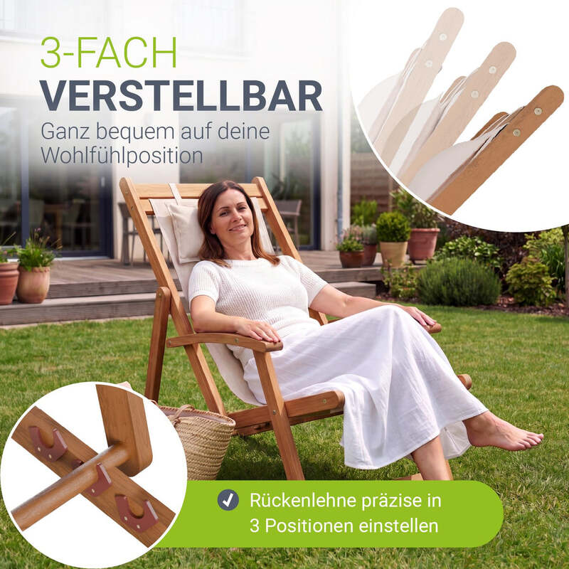 Sonnenliege klappbar Tavira Liegestuhl aus geöltem Akazienholz creme 110x60cm - 4262437187426