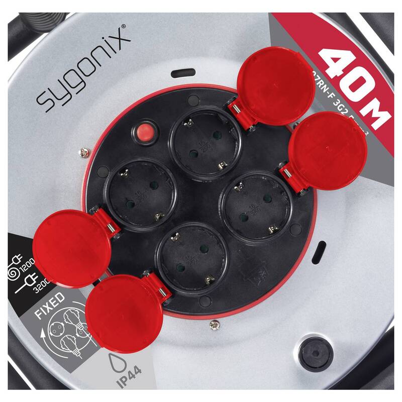 Sygonix Kabeltrommel Kabelrolle 4x Schutzkontaktstecker Deckel IP44 Schwarz 40m - 4064161478746