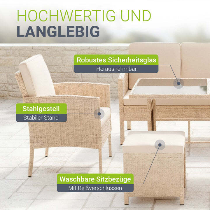 Rattan Sitzgruppe Turin Polyrattan Gartenmöbel Set für 7 Personen mit Kissen - 4262437186627