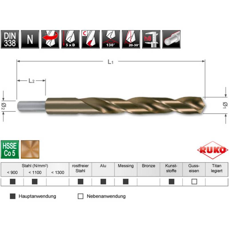 RUKO Spiralbohrer Bohrer Metall HSSCo 16x178 mm reduzierter Schaft DIN 338 Gold - 4007140260291