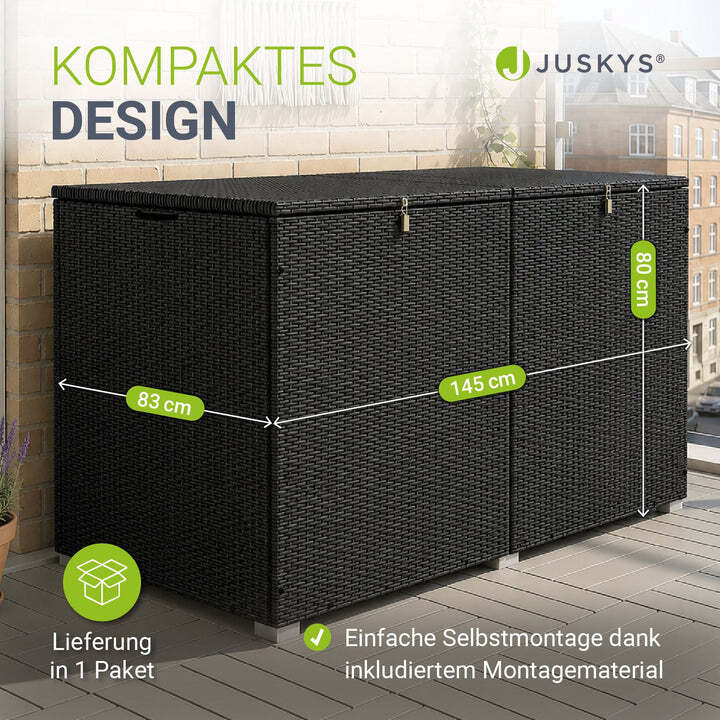 Polyrattan Auflagenbox IkariaGartenbox 950 Liter Deckel und Innenplane Schwarz - 4260565524533