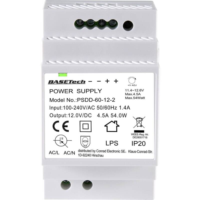 Basetech Hutschienen-Netzteil PSDD-60-12-2 12V 4.5A 54W Stromversorgung - 4064161040080