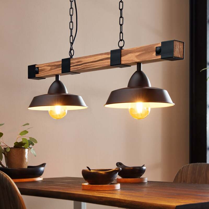 Hängelampe Oldbury schwarz/holz 86 cm 2-flg dimmbar E27 von Eglo - 9002759440855