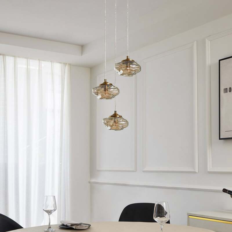 Lindby Hängelampe Piatra Hängeleuchte Deckenlampe Ø25cm 3-flg amber/messing Glas - 4251911796520