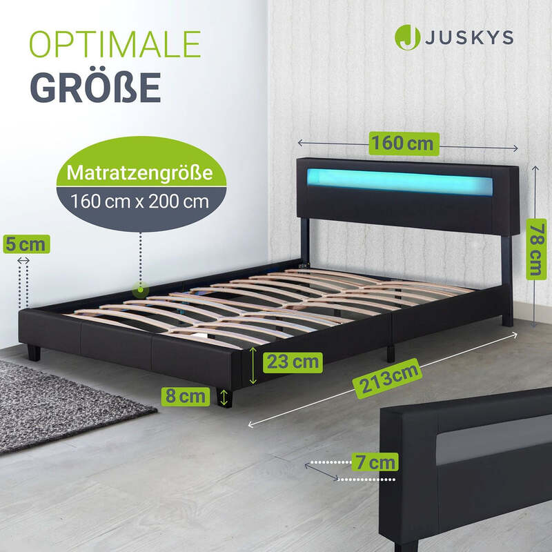 Polsterbett Paris Bettgestell 160x200mit LED-Beleuchtung und Lattenrost schwarz - 4260304762943