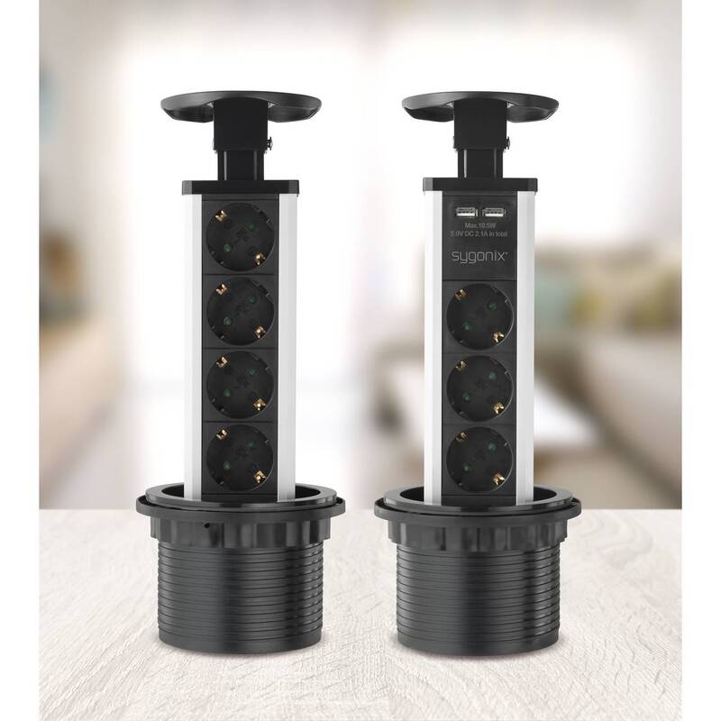 2x Stück Sygonix Steckdosenturm 4-fach versenkbar 1,5m Innenbereich schwarz - 4064161177069