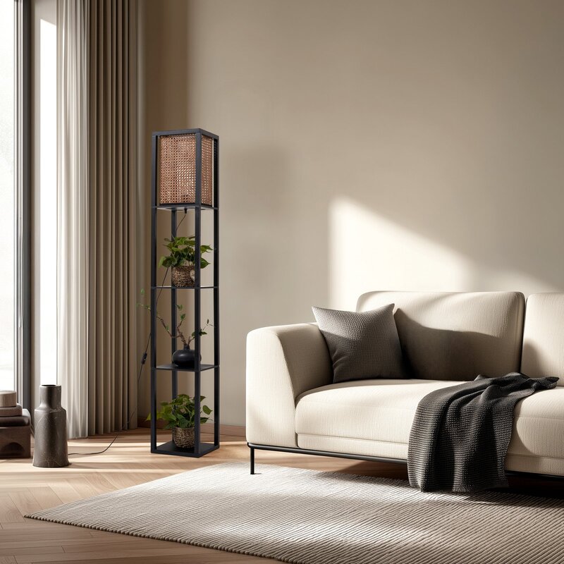 Lindby Stehleuchte Birta schwarz/natur Regal Rattan 159 cm E27 15 W - 4255830903182