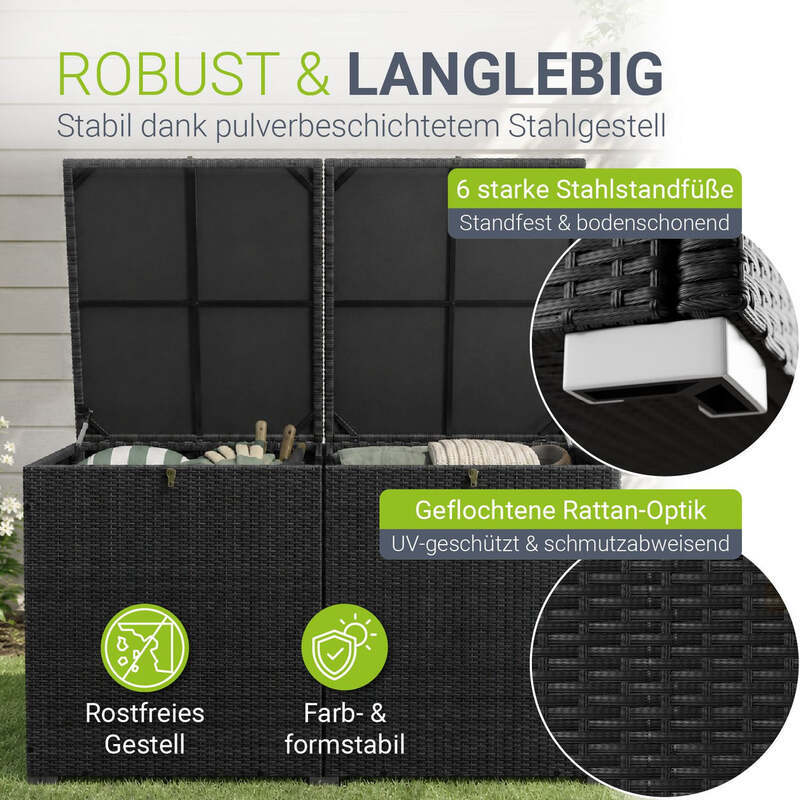Polyrattan Auflagenbox IkariaGartenbox 950 Liter Deckel und Innenplane Schwarz - 4260565524533