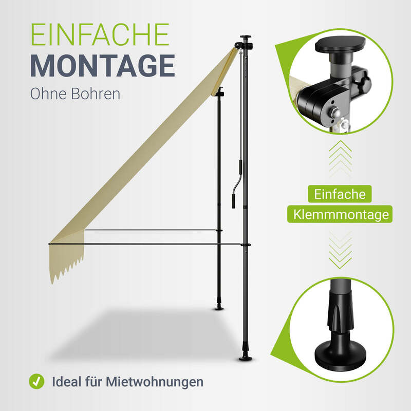Klemmmarkise Kapstadt 250x120 cm UV-beständig Handkurbel ohne Bohren beige - 4262437183718
