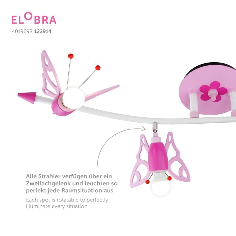 Elobra Deckenstrahler Lampe Kinderzimmer Falter rosa 4-flammig Holz E14 100cm - 4019698122914