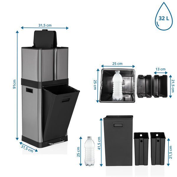 hjh OFFICE Abfallsammler Müllbehälter CLEAN 3 Mülleimer 32L Stahl silber - 4064323107415