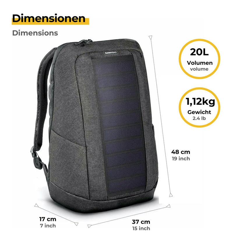 Sunnybag Solarrucksack ICONIC 20l mit Solarpaneel wasserdicht 370x480x170mm grau - 0766894098676