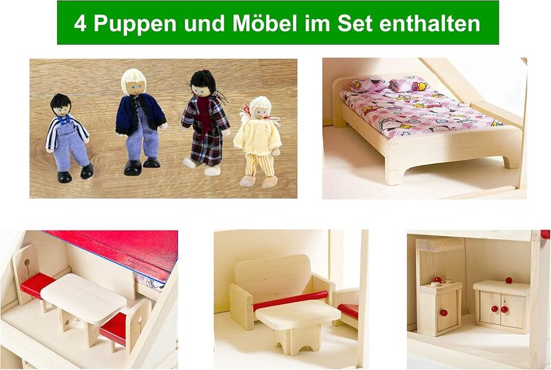 COSTWAY Izzy Puppenhaus aus Holz 23cm für Kinder ab 3 Jahren beige - 4047385571202