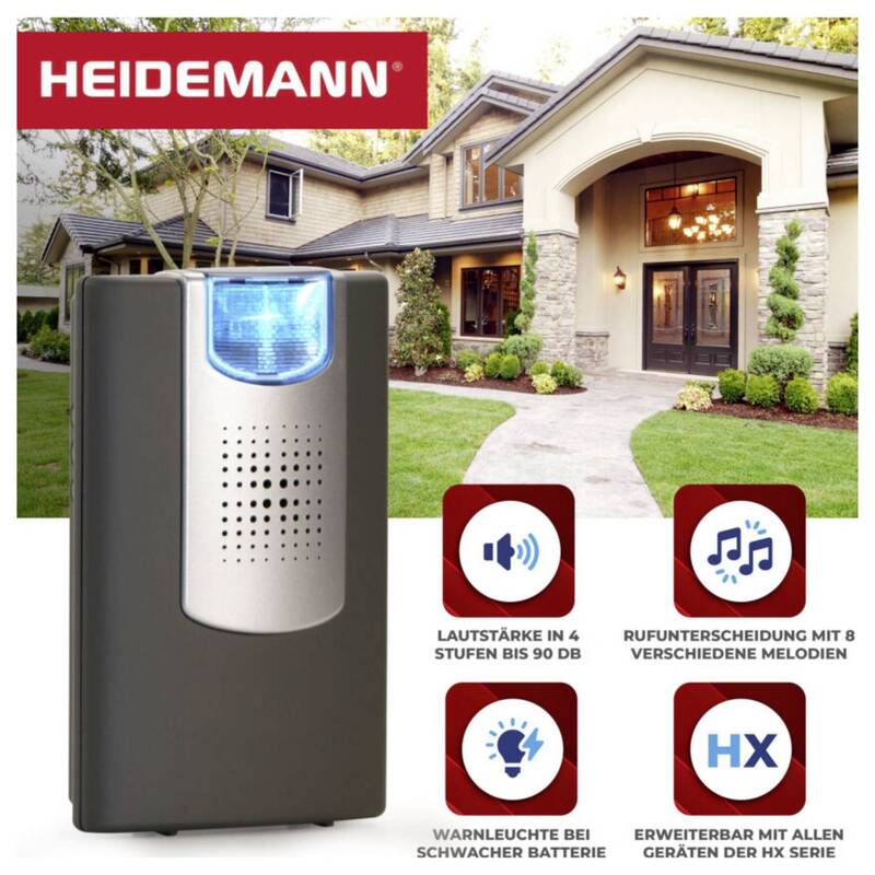 Heidemann Funkklingel Empfänger HX Flashlight 200m Reichweite 8 Melodien schwarz - 4011150708735