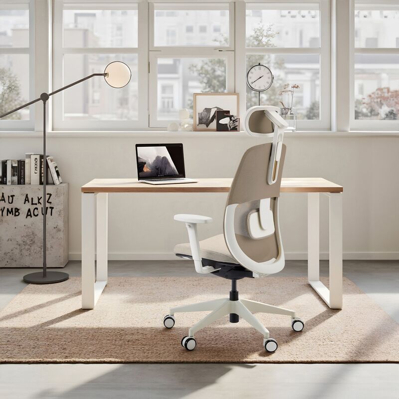 hjh OFFICE Bürostuhl Drehstuhl Stuhl Skandis Pro Kopfstütze Beige Weiß Mesh - 4064323109235