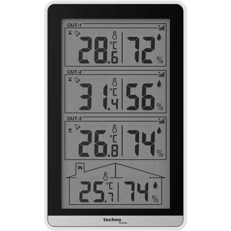 TechnoLine WS 7060 Funk-Thermo-/Hygrometer mit 3 Außensensoren, Weiß/Schwarz - 4029665070605