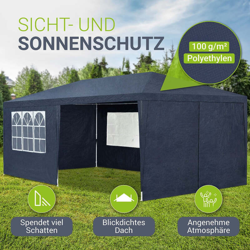 Partyzelt 3x6m Gartenzelt blau mit Dach und Seitenwänden Heringe Seile Zubehör - 4260304767702