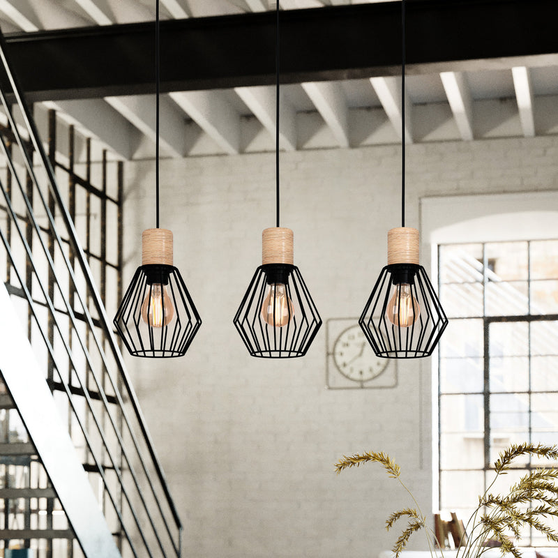 Eglo Hängeleuchte Pendelleuchte Palmorla 3-flammig dimmbar schwarz Holz 76x16cm - 9002759440947