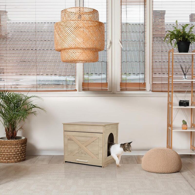 hjh LVING Katzenhaus Katzenbox Katzenklo PAWBOX 1 Eiche Schublade Kratzbrett - 4064323107491